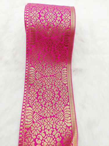 Jacquard Saree Border, Fuchsia Pink And Gold Woven Thread Work Trim, Jacquard Trimming Decorative Trim